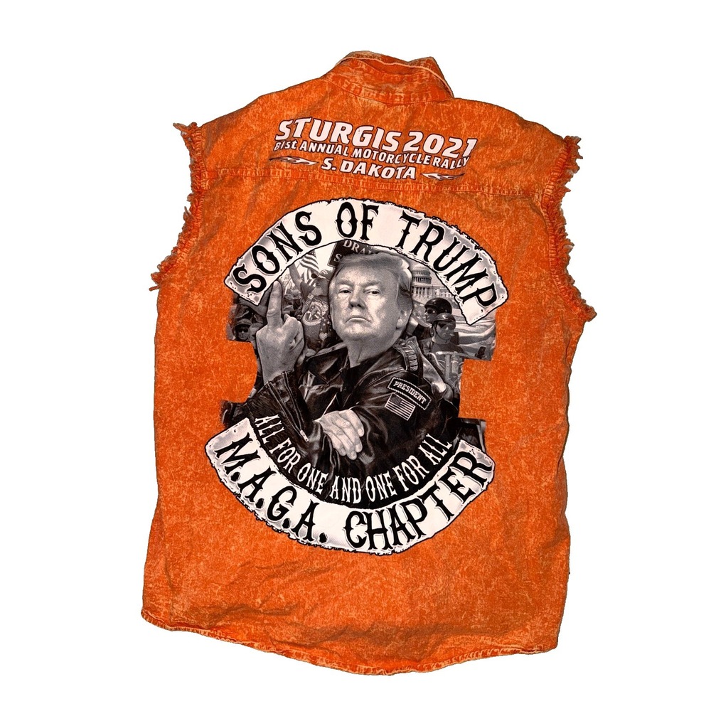 Trump‎ 2024 Sons of Trump MAGA Chapter Sturgis 2021 Orange Cutoff Biker Shirt XL